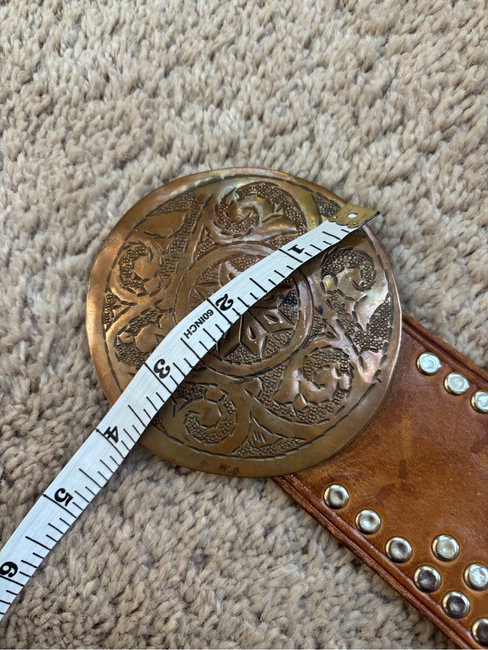 Vintage Wide Tooled Leather Scalloped Belt Oversized Buckle Boho Western Waist - Picture 13 of 16
